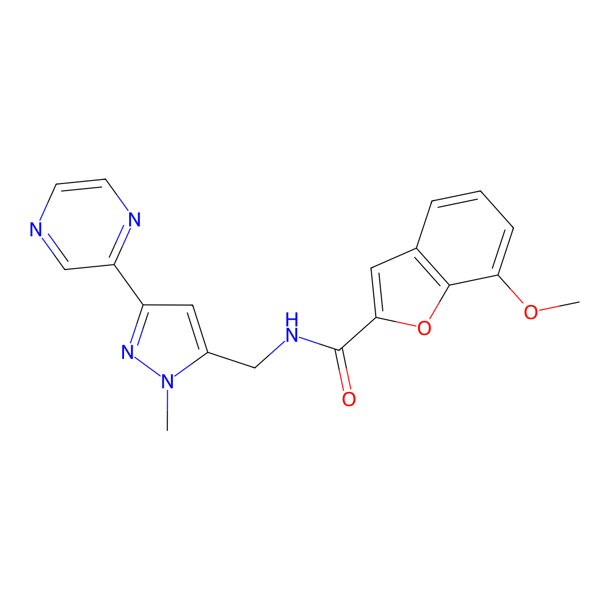 7-methoxy-N-((1-methyl-3-(pyrazin-2-yl)-1H-pyrazol-5-yl)methyl)benzofuran-2-carboxamide molecular structure, CAS 2034457-43-5