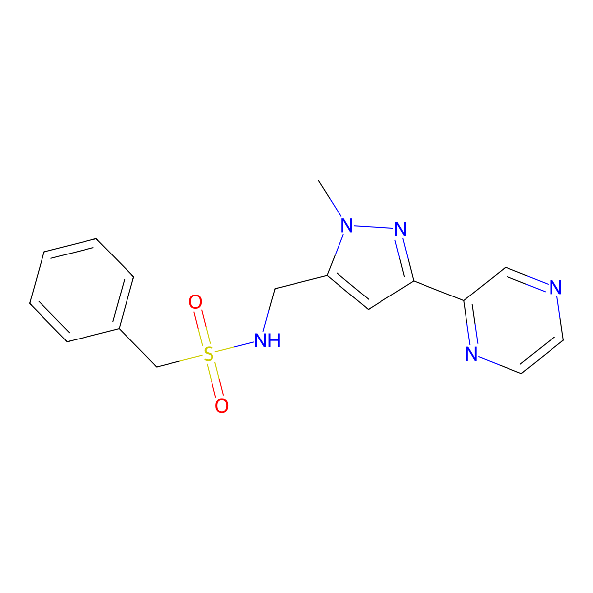N-((1-methyl-3-(pyrazin-2-yl)-1H-pyrazol-5-yl)methyl)-1-phenylmethanesulfonamide molecular structure, CAS 2034457-50-4