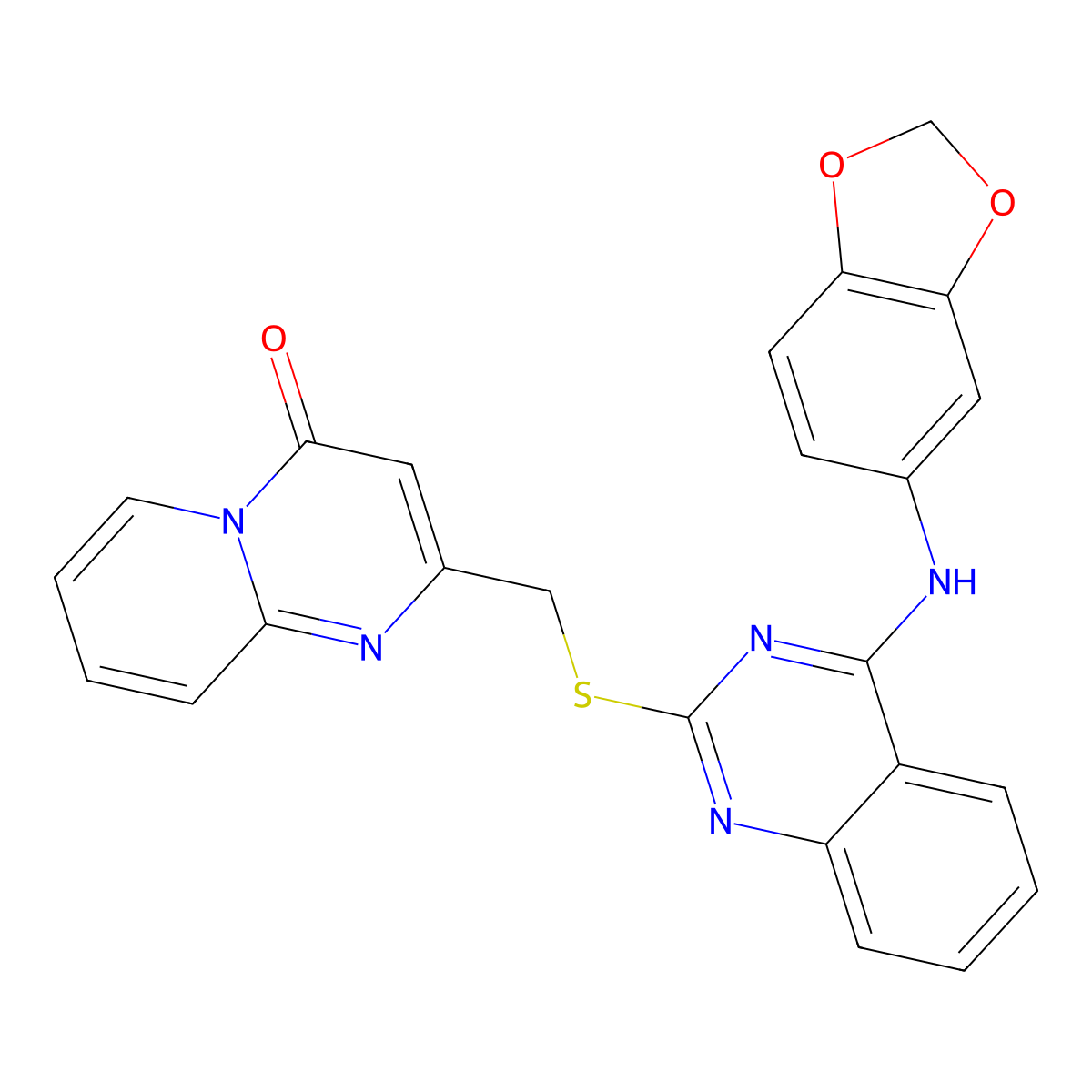 2-(((4-(benzo[d][1,3]dioxol-5-ylamino)quinazolin-2-yl)thio)methyl)-4H-pyrido[1,2-a]pyrimidin-4-one molecular structure, CAS 2034457-55-9
