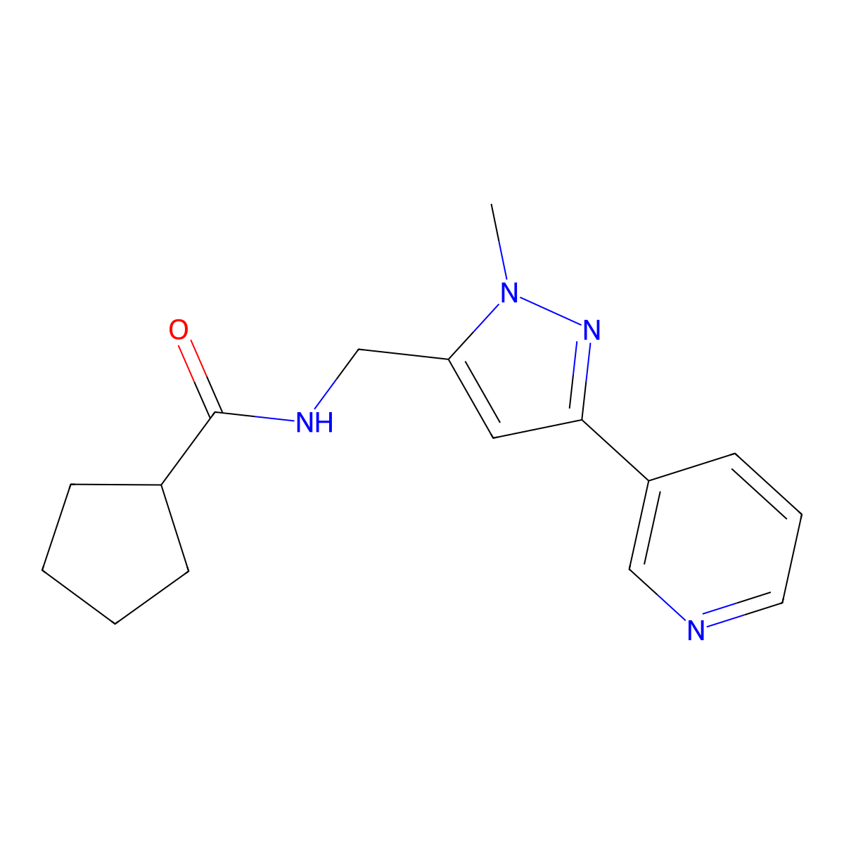 N-{[1-methyl-3-(pyridin-3-yl)-1H-pyrazol-5-yl]methyl}cyclopentanecarboxamide molecular structure, CAS 2034457-58-2