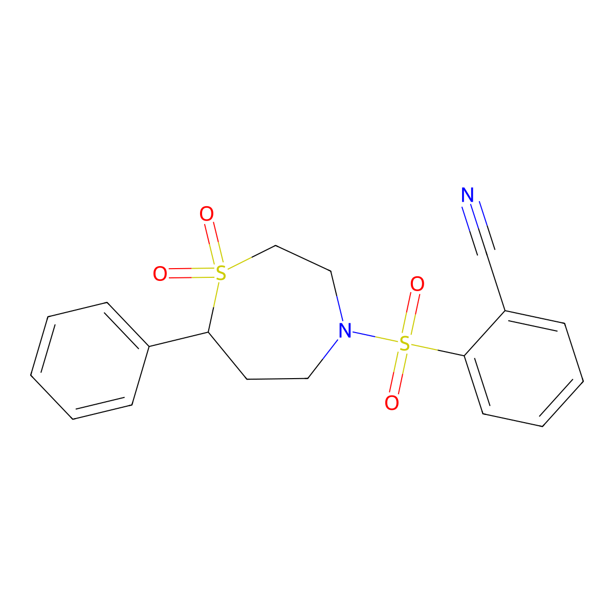 2-((1,1-Dioxido-7-phenyl-1,4-thiazepan-4-yl)sulfonyl)benzonitrile molecular structure, CAS 2034457-71-9