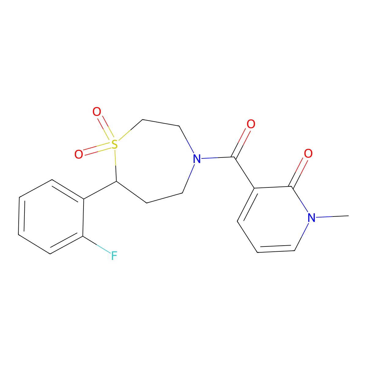 7-(2-Fluorophenyl)-4-(1-methyl-2-oxo-1,2-dihydropyridine-3-carbonyl)-1lambda6,4-thiazepane-1,1-dione molecular structure, CAS 2034457-77-5
