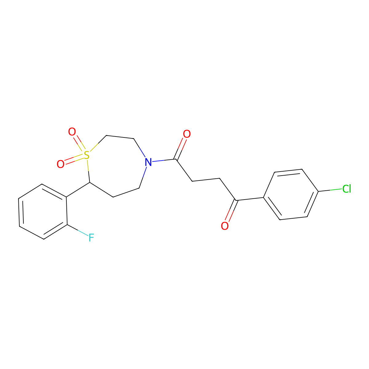 1-(4-Chlorophenyl)-4-(7-(2-fluorophenyl)-1,1-dioxido-1,4-thiazepan-4-yl)butane-1,4-dione molecular structure, CAS 2034457-86-6