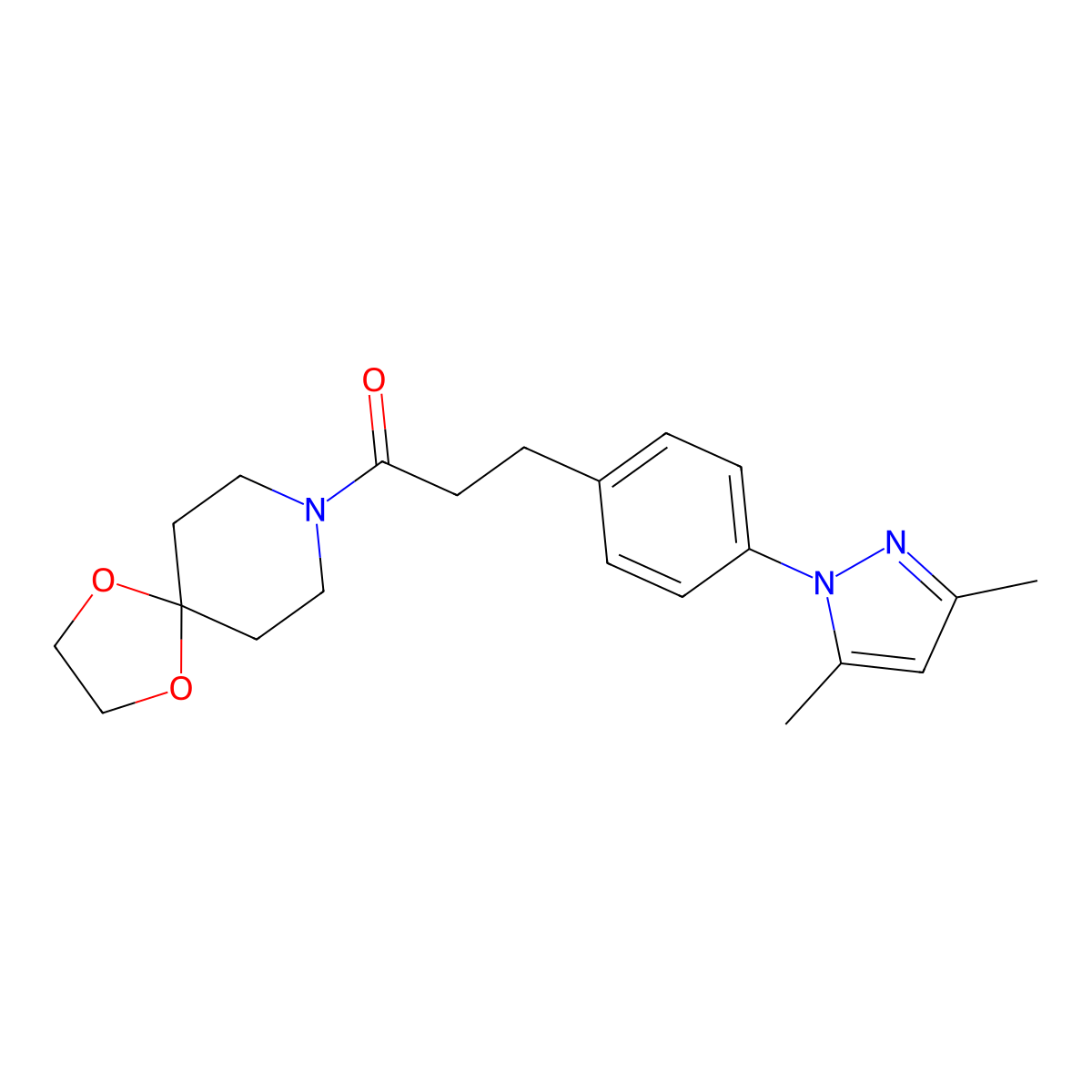 3-(4-(3,5-dimethyl-1H-pyrazol-1-yl)phenyl)-1-(1,4-dioxa-8-azaspiro[4.5]decan-8-yl)propan-1-one molecular structure, CAS 2034457-97-9