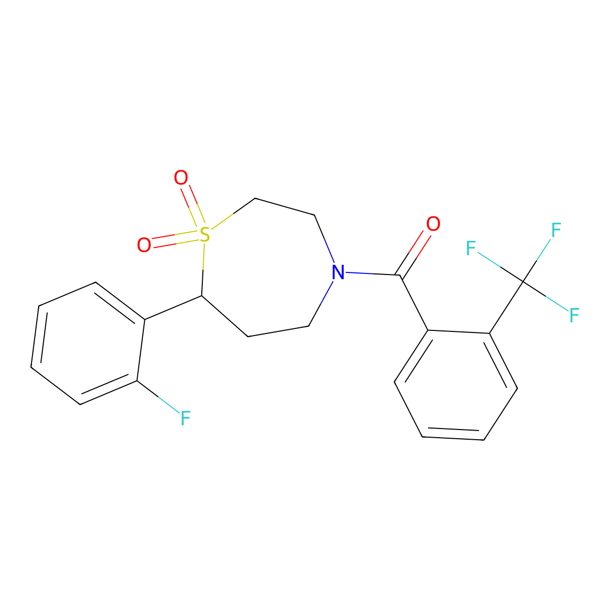 (7-(2-Fluorophenyl)-1,1-dioxido-1,4-thiazepan-4-yl)(2-(trifluoromethyl)phenyl)methanone molecular structure, CAS 2034458-09-6