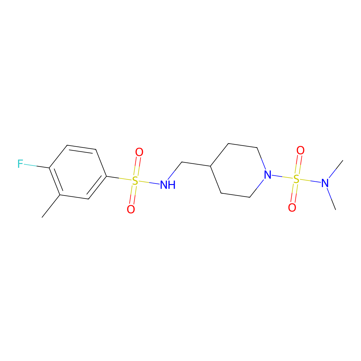 4-((4-fluoro-3-methylphenylsulfonamido)methyl)-N,N-dimethylpiperidine-1-sulfonamide molecular structure, CAS 2034458-18-7