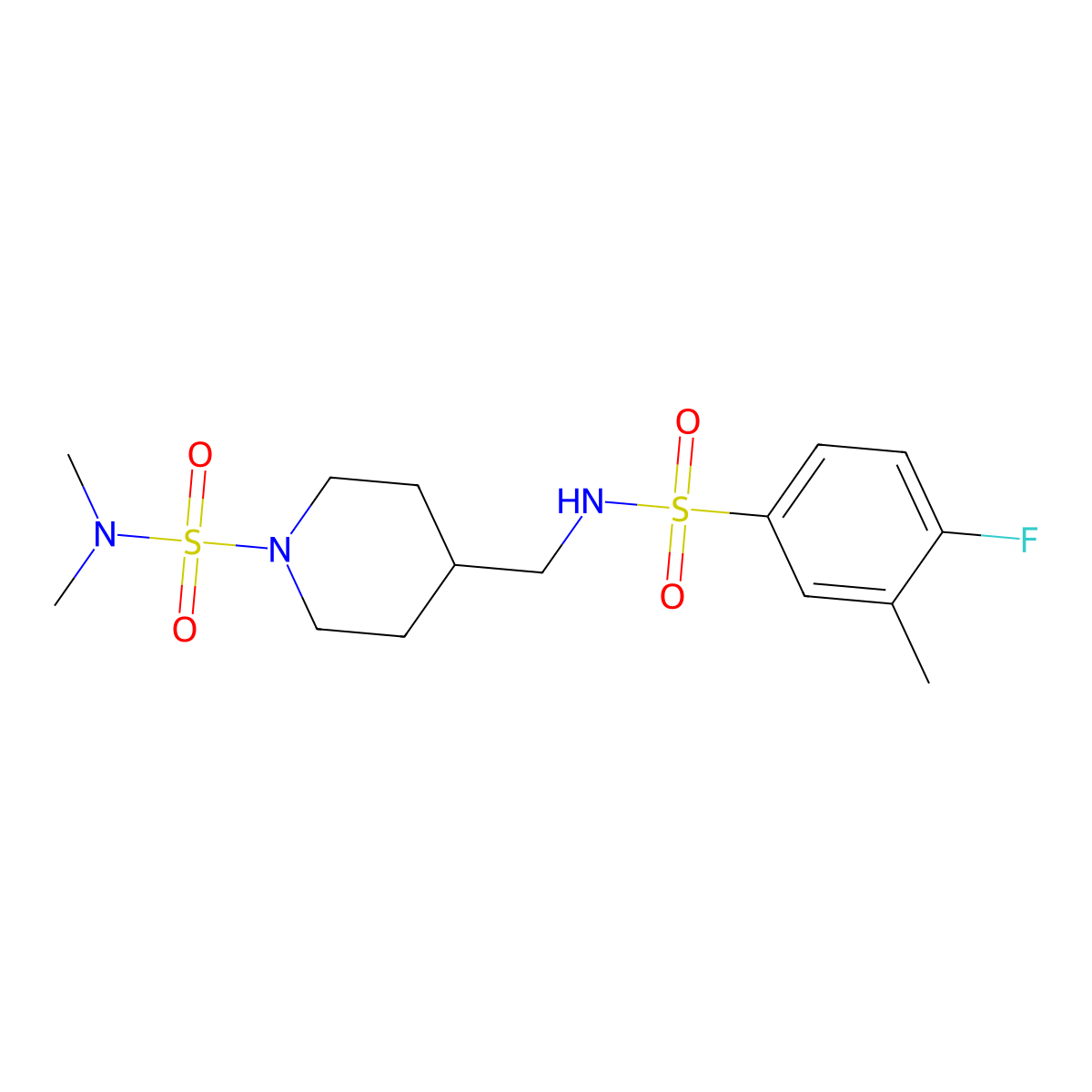 4-((4-fluoro-3-methylphenylsulfonamido)methyl)-N,N-dimethylpiperidine-1-sulfonamide molecular structure, CAS 2034458-18-7