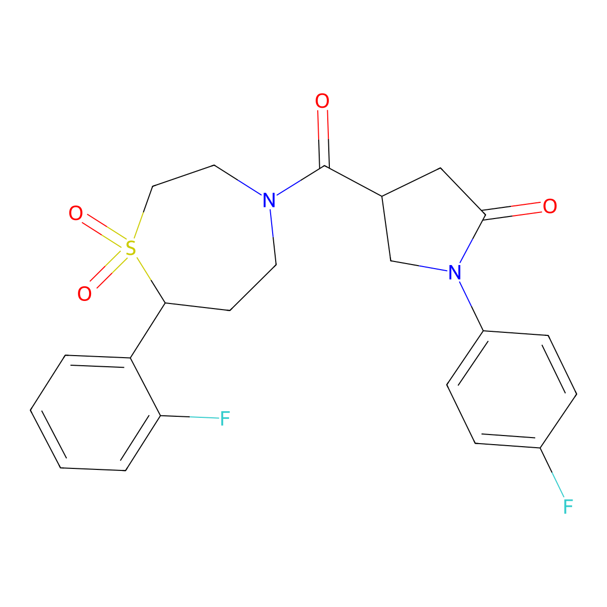 1-(4-Fluorophenyl)-4-(7-(2-fluorophenyl)-1,1-dioxido-1,4-thiazepane-4-carbonyl)pyrrolidin-2-one molecular structure, CAS 2034458-24-5