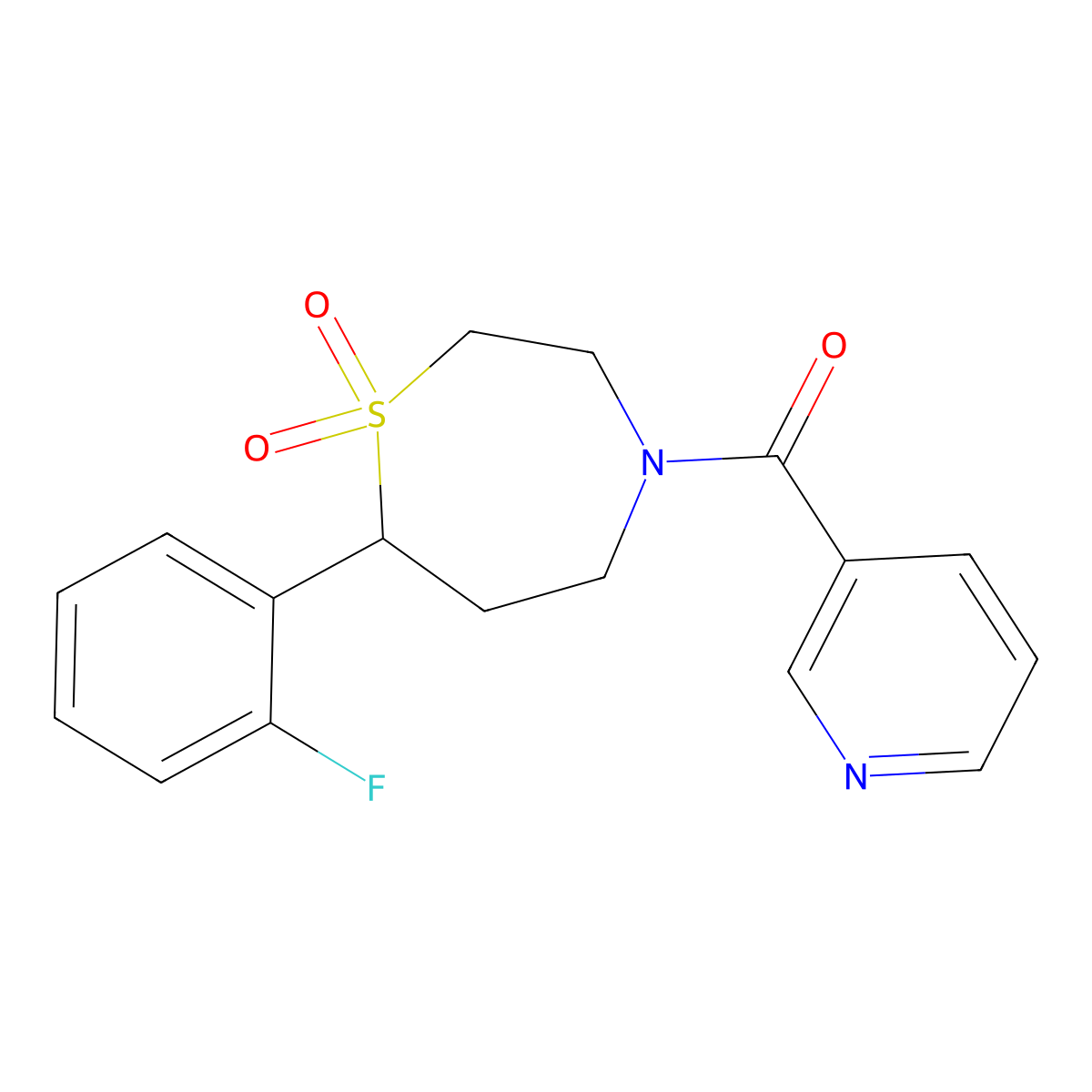 (7-(2-Fluorophenyl)-1,1-dioxido-1,4-thiazepan-4-yl)(pyridin-3-yl)methanone molecular structure, CAS 2034458-29-0