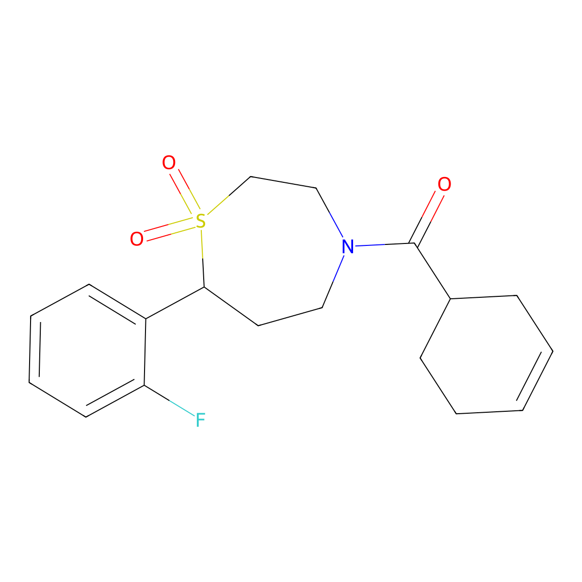 Cyclohex-3-en-1-yl(7-(2-fluorophenyl)-1,1-dioxido-1,4-thiazepan-4-yl)methanone molecular structure, CAS 2034458-33-6