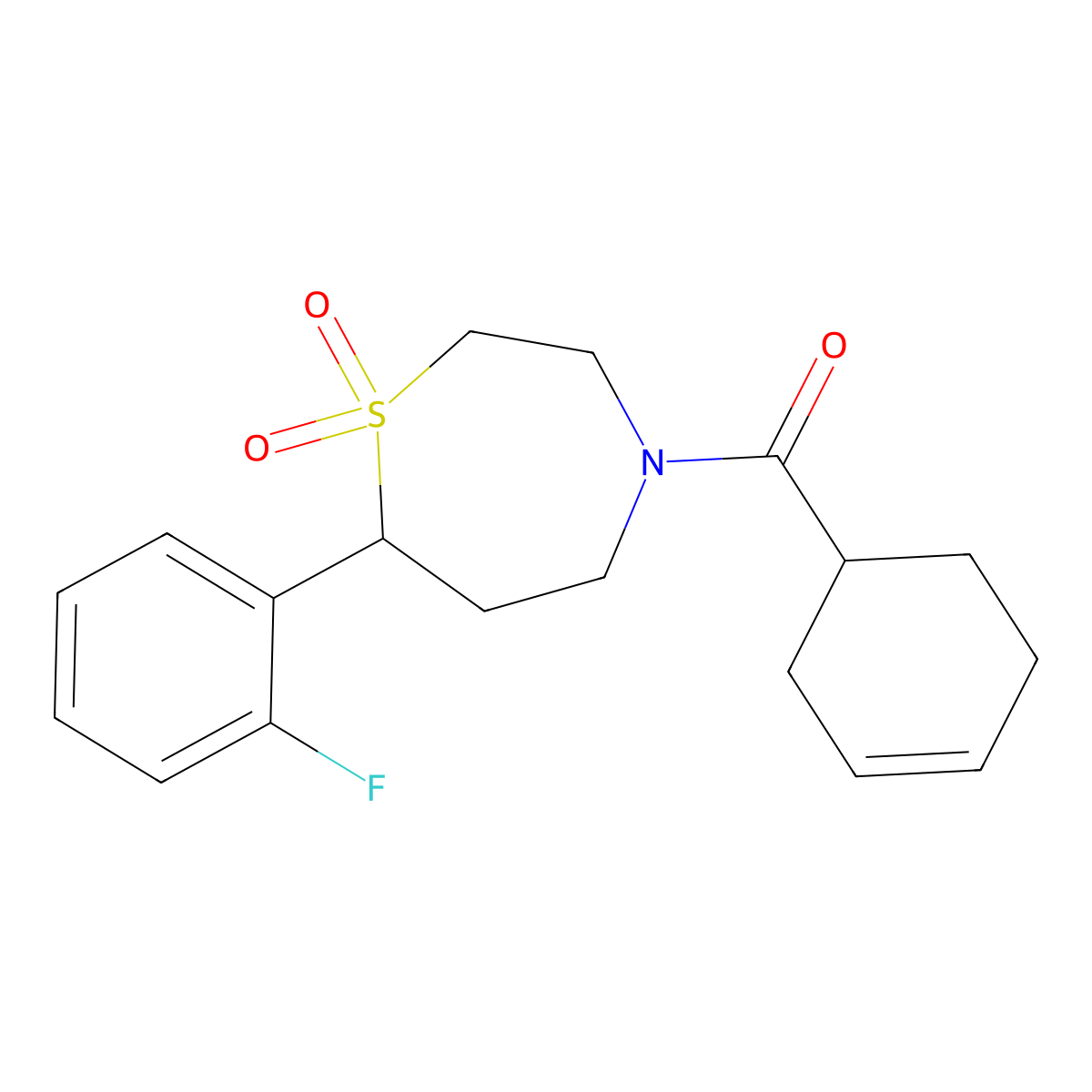 Cyclohex-3-en-1-yl(7-(2-fluorophenyl)-1,1-dioxido-1,4-thiazepan-4-yl)methanone molecular structure, CAS 2034458-33-6