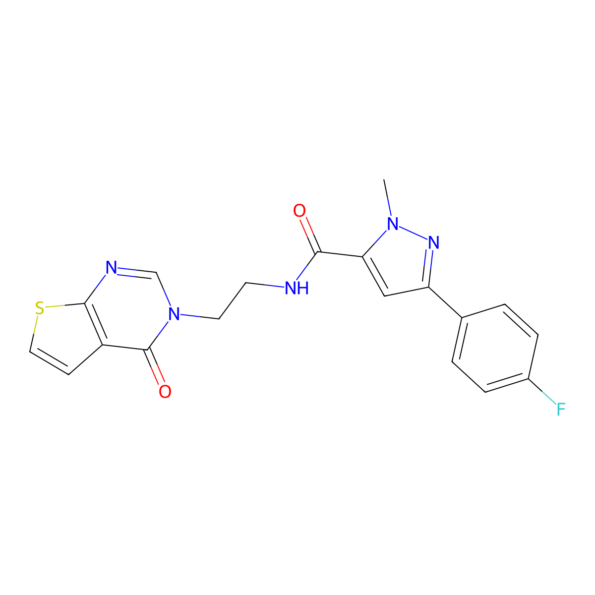 3-(4-fluorophenyl)-1-methyl-N-(2-(4-oxothieno[2,3-d]pyrimidin-3(4H)-yl)ethyl)-1H-pyrazole-5-carboxamide molecular structure, CAS 2034458-38-1