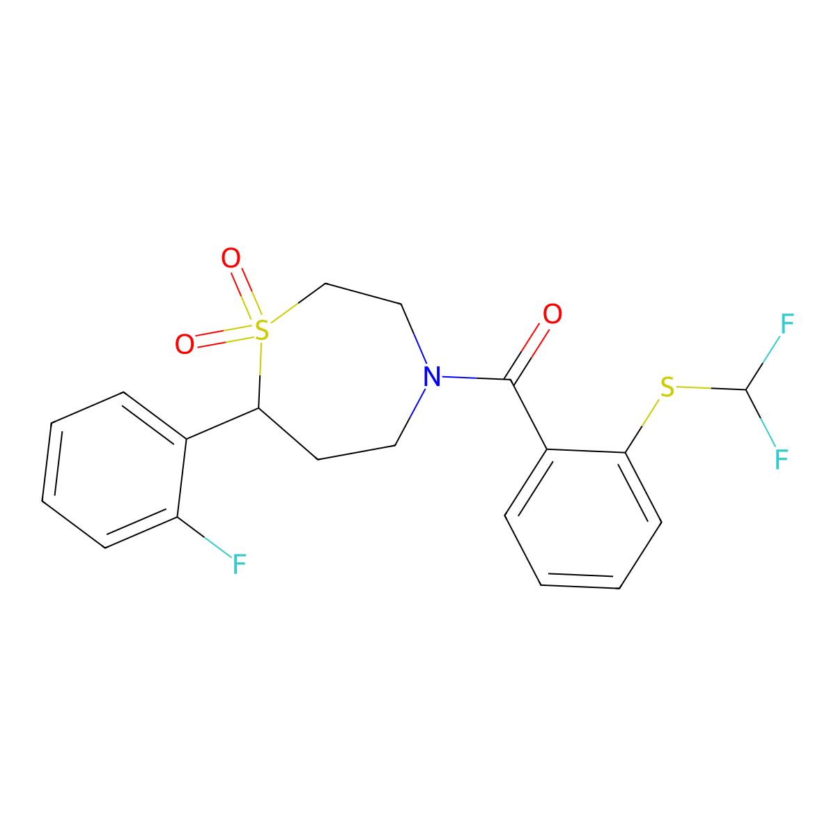 (2-((Difluoromethyl)thio)phenyl)(7-(2-fluorophenyl)-1,1-dioxido-1,4-thiazepan-4-yl)methanone molecular structure, CAS 2034458-41-6