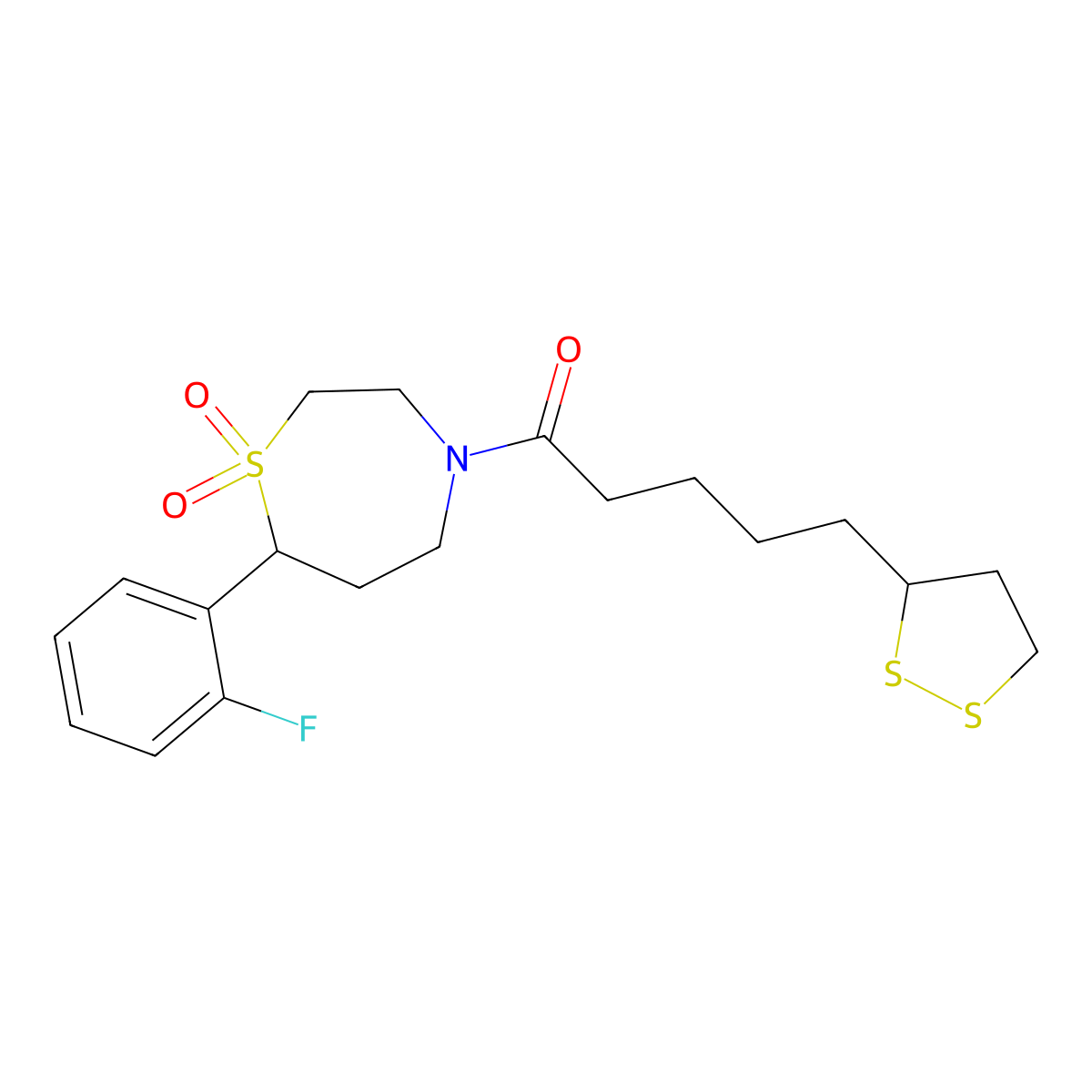 5-(1,2-Dithiolan-3-yl)-1-(7-(2-fluorophenyl)-1,1-dioxido-1,4-thiazepan-4-yl)pentan-1-one molecular structure, CAS 2034458-46-1