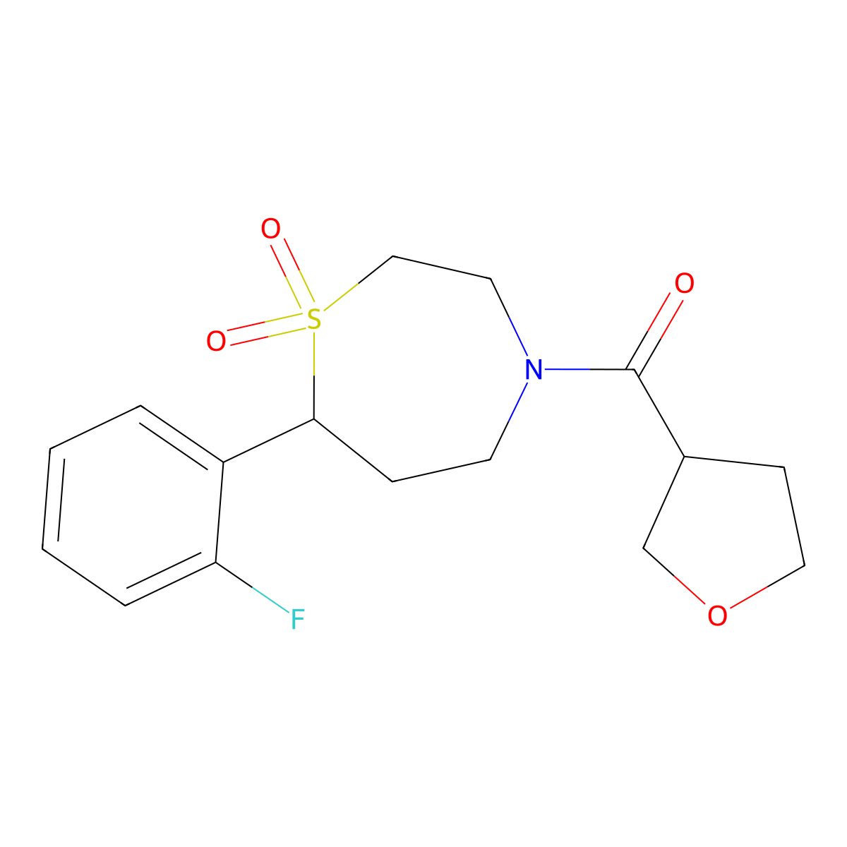 (7-(2-Fluorophenyl)-1,1-dioxido-1,4-thiazepan-4-yl)(tetrahydrofuran-3-yl)methanone molecular structure, CAS 2034458-53-0