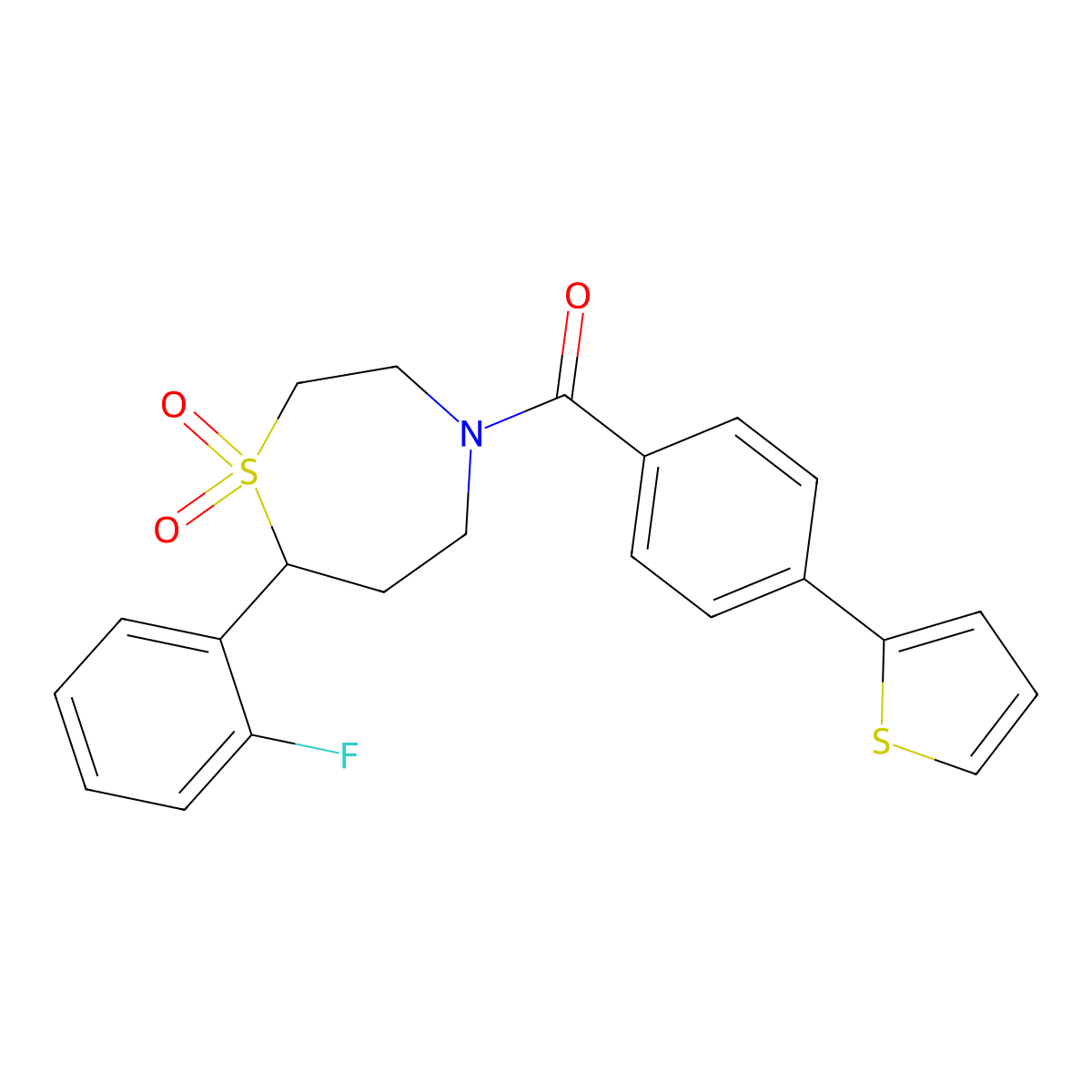 (7-(2-Fluorophenyl)-1,1-dioxido-1,4-thiazepan-4-yl)(4-(thiophen-2-yl)phenyl)methanone molecular structure, CAS 2034458-59-6