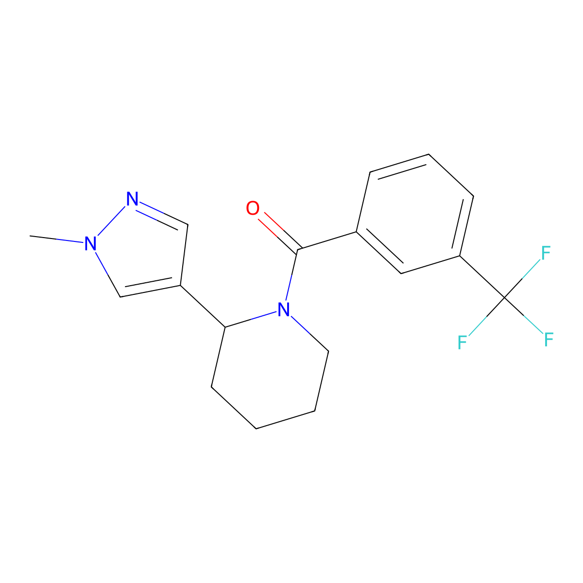 (2-(1-methyl-1H-pyrazol-4-yl)piperidin-1-yl)(3-(trifluoromethyl)phenyl)methanone molecular structure, CAS 2034458-61-0