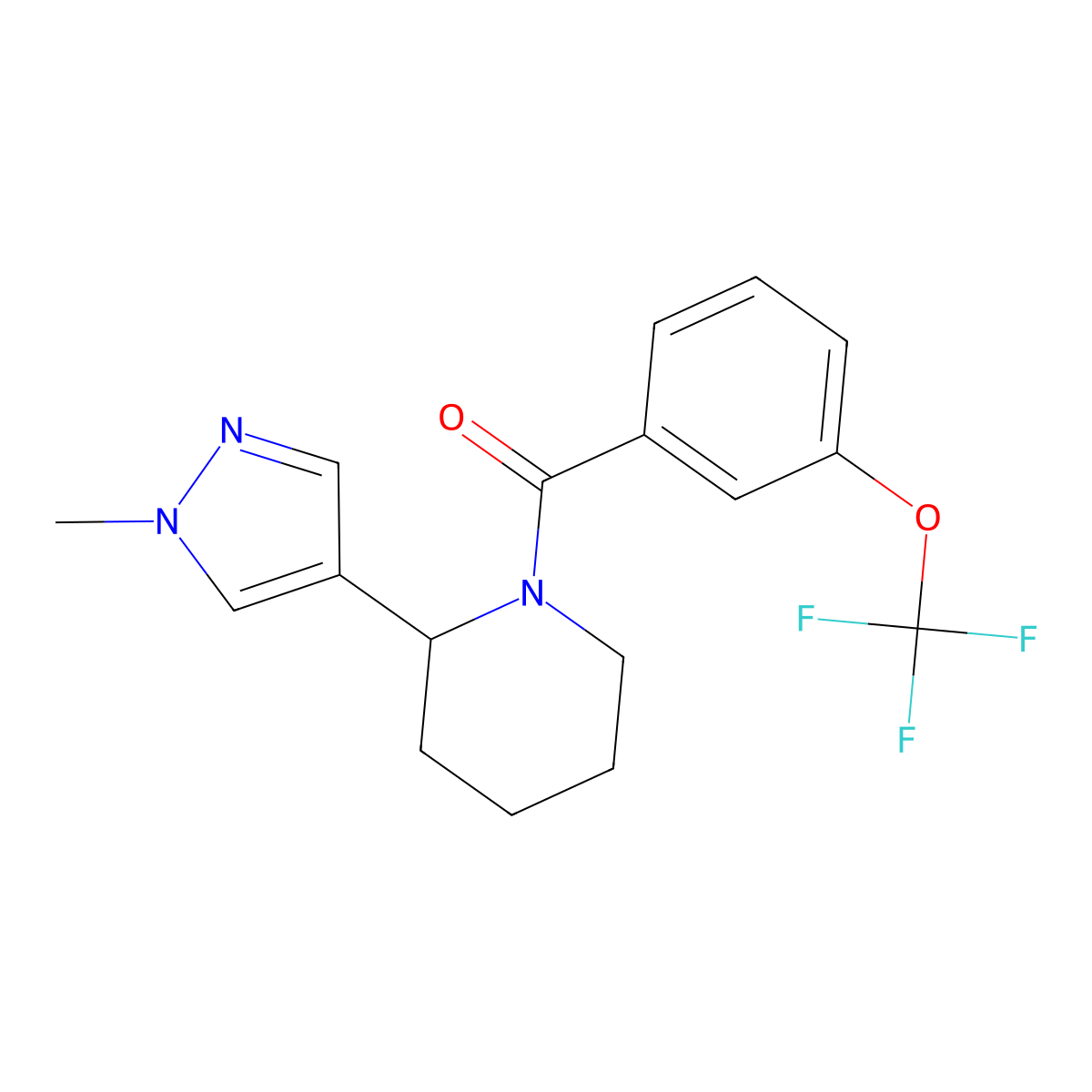(2-(1-methyl-1H-pyrazol-4-yl)piperidin-1-yl)(3-(trifluoromethoxy)phenyl)methanone molecular structure, CAS 2034458-63-2