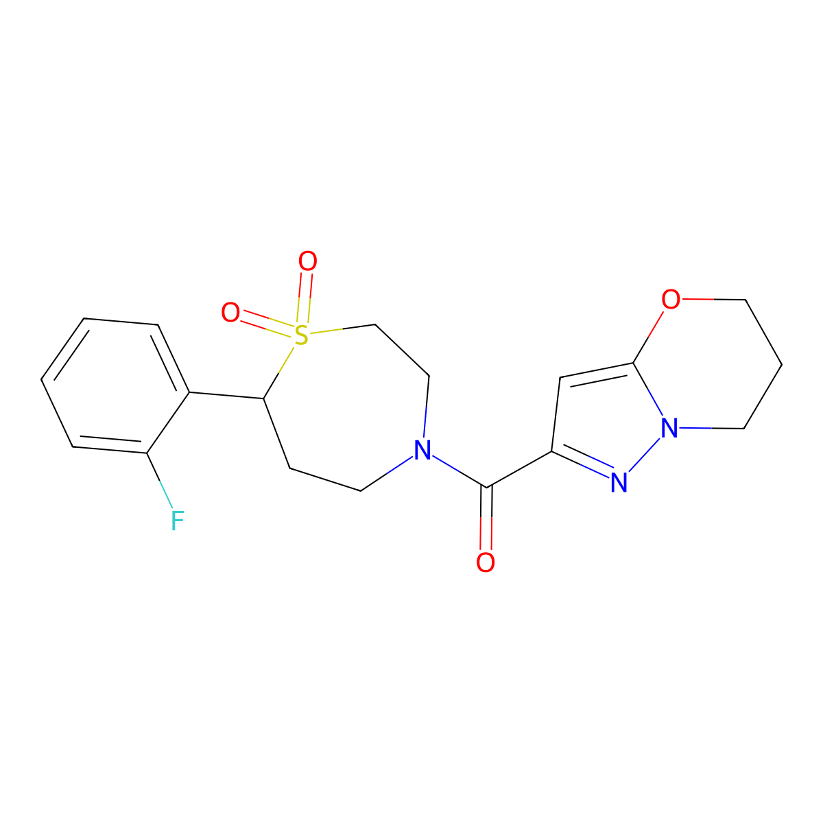 (6,7-dihydro-5H-pyrazolo[5,1-b][1,3]oxazin-2-yl)(7-(2-fluorophenyl)-1,1-dioxido-1,4-thiazepan-4-yl)methanone molecular structure, CAS 2034458-70-1