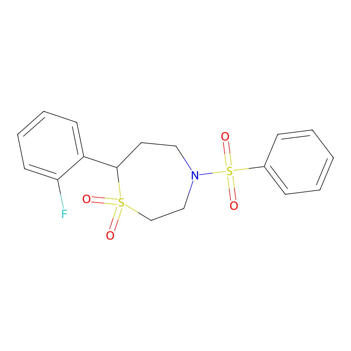 7-(2-Fluorophenyl)-4-(phenylsulfonyl)-1,4-thiazepane 1,1-dioxide molecular structure, CAS 2034458-75-6