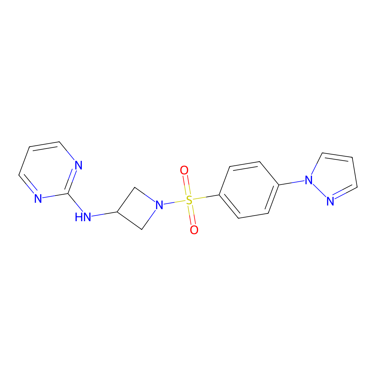 N-(1-((4-(1H-pyrazol-1-yl)phenyl)sulfonyl)azetidin-3-yl)pyrimidin-2-amine molecular structure, CAS 2034458-76-7