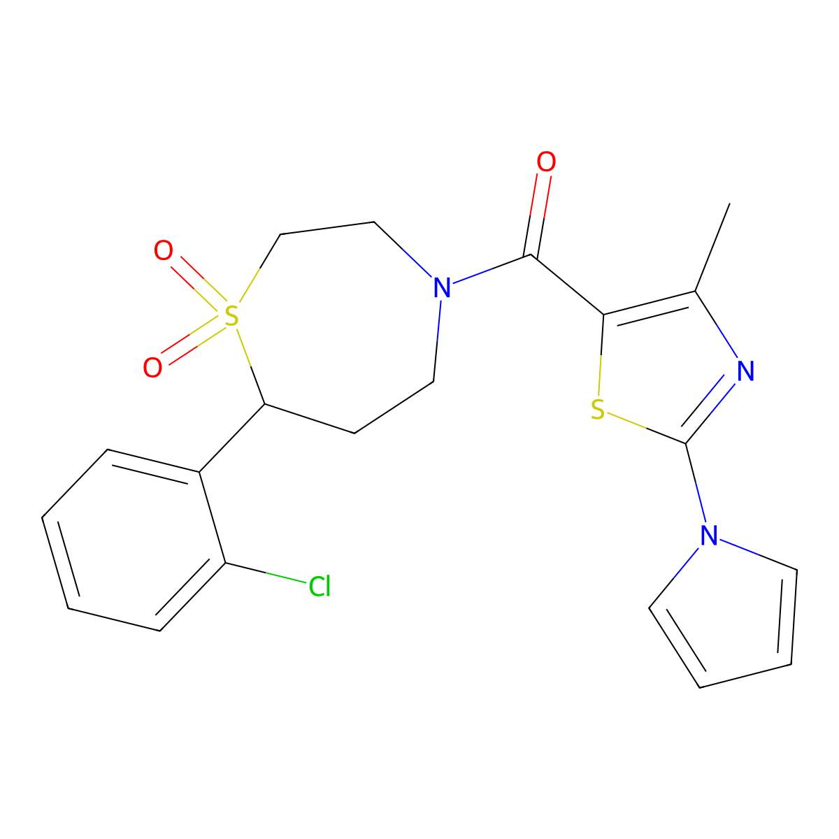 (7-(2-chlorophenyl)-1,1-dioxido-1,4-thiazepan-4-yl)(4-methyl-2-(1H-pyrrol-1-yl)thiazol-5-yl)methanone molecular structure, CAS 2034458-81-4