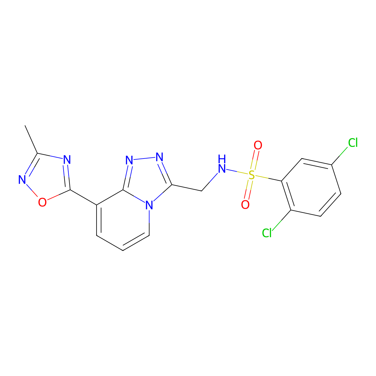 2,5-dichloro-N-((8-(3-methyl-1,2,4-oxadiazol-5-yl)-[1,2,4]triazolo[4,3-a]pyridin-3-yl)methyl)benzenesulfonamide molecular structure, CAS 2034458-84-7