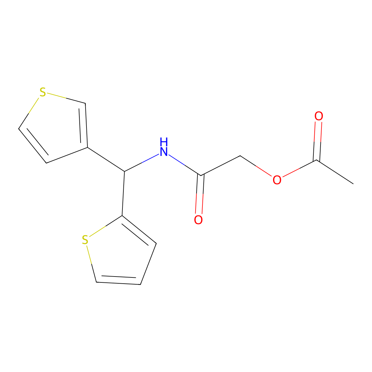 2-Oxo-2-((thiophen-2-yl(thiophen-3-yl)methyl)amino)ethyl acetate molecular structure, CAS 2034458-85-8