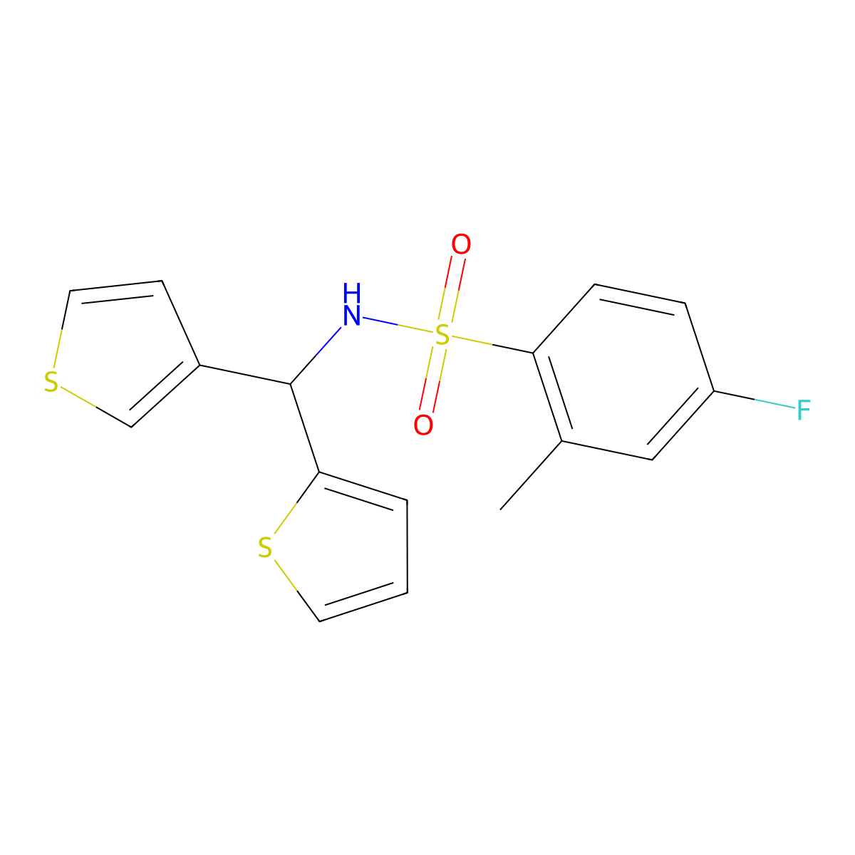 4-fluoro-2-methyl-N-(thiophen-2-yl(thiophen-3-yl)methyl)benzenesulfonamide molecular structure, CAS 2034458-97-2