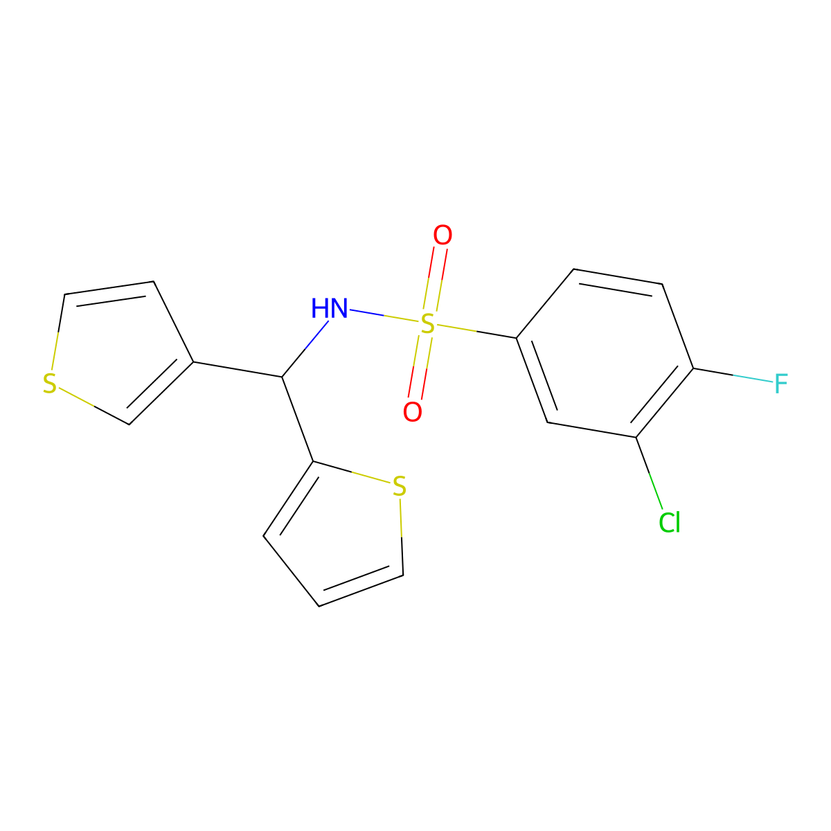 3-chloro-4-fluoro-N-(thiophen-2-yl(thiophen-3-yl)methyl)benzenesulfonamide molecular structure, CAS 2034459-04-4