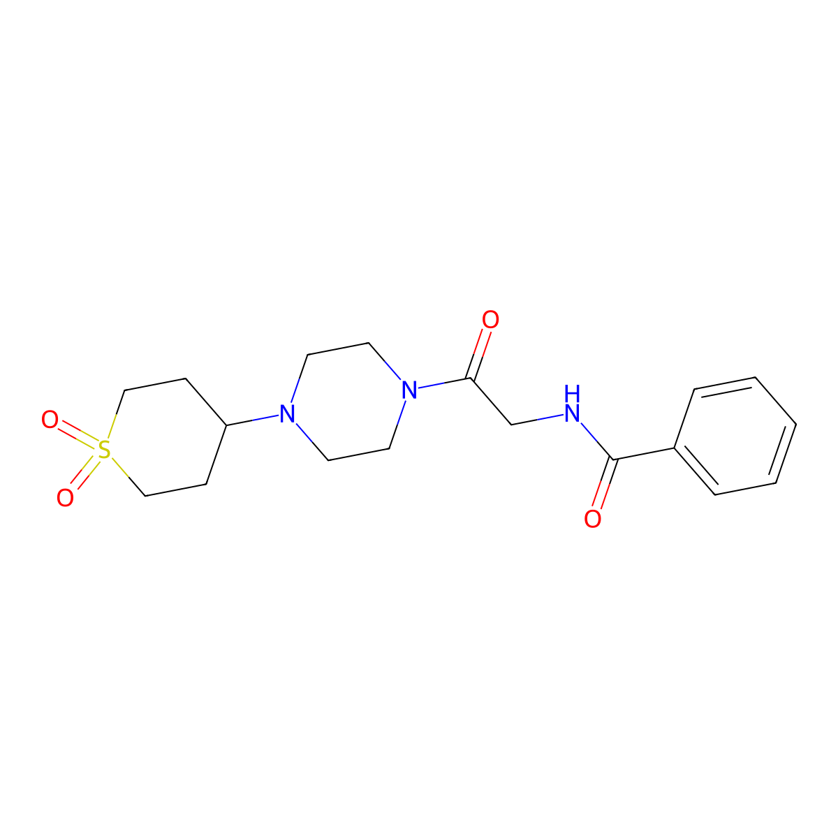 N-(2-(4-(1,1-dioxidotetrahydro-2H-thiopyran-4-yl)piperazin-1-yl)-2-oxoethyl)benzamide molecular structure, CAS 2034459-07-7