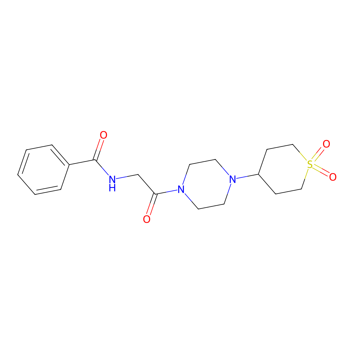 N-(2-(4-(1,1-dioxidotetrahydro-2H-thiopyran-4-yl)piperazin-1-yl)-2-oxoethyl)benzamide molecular structure, CAS 2034459-07-7