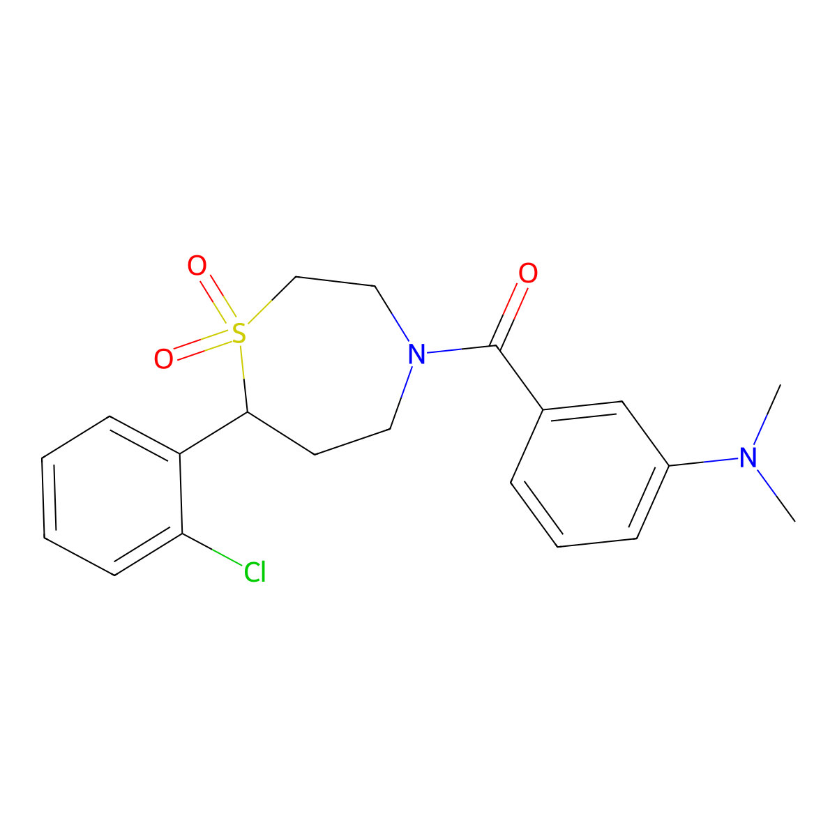(7-(2-Chlorophenyl)-1,1-dioxido-1,4-thiazepan-4-yl)(3-(dimethylamino)phenyl)methanone molecular structure, CAS 2034459-08-8