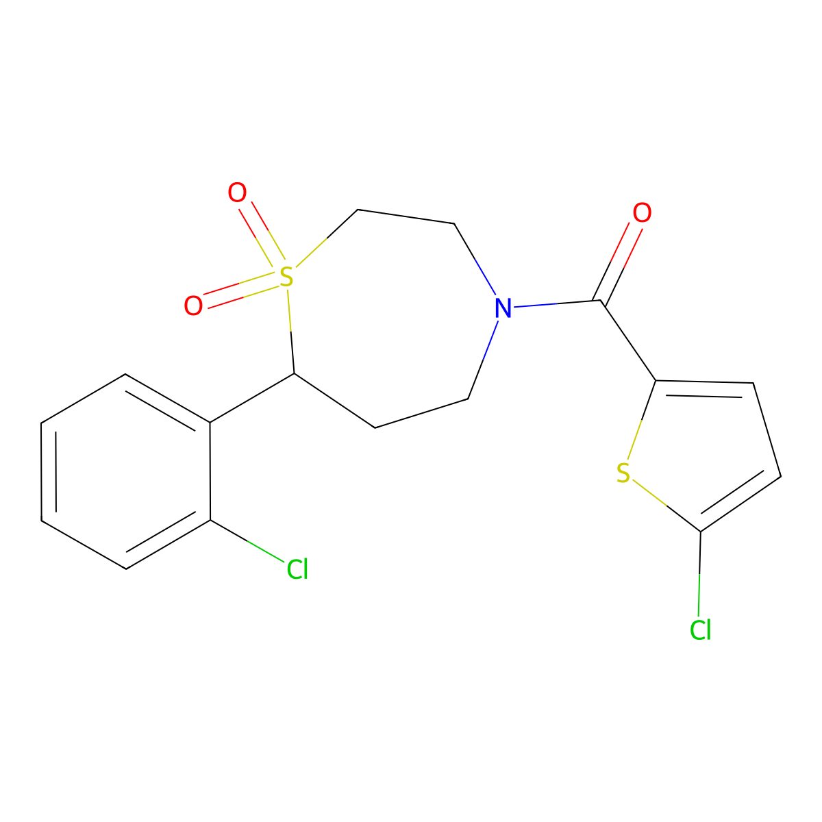 (7-(2-Chlorophenyl)-1,1-dioxido-1,4-thiazepan-4-yl)(5-chlorothiophen-2-yl)methanone molecular structure, CAS 2034459-14-6