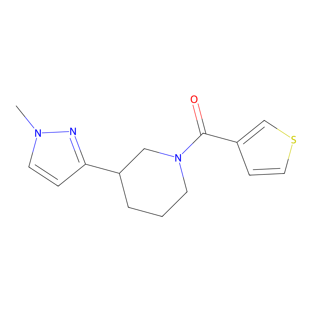 (3-(1-methyl-1H-pyrazol-3-yl)piperidin-1-yl)(thiophen-3-yl)methanone molecular structure, CAS 2034459-17-9