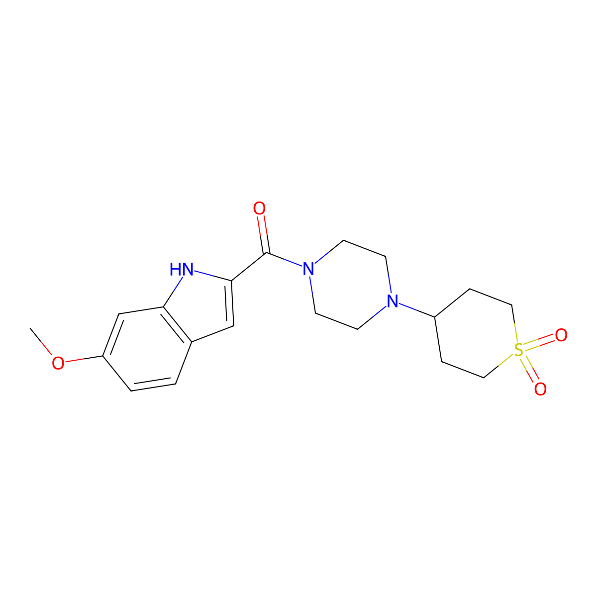 (4-(1,1-dioxidotetrahydro-2H-thiopyran-4-yl)piperazin-1-yl)(6-methoxy-1H-indol-2-yl)methanone molecular structure, CAS 2034459-20-4