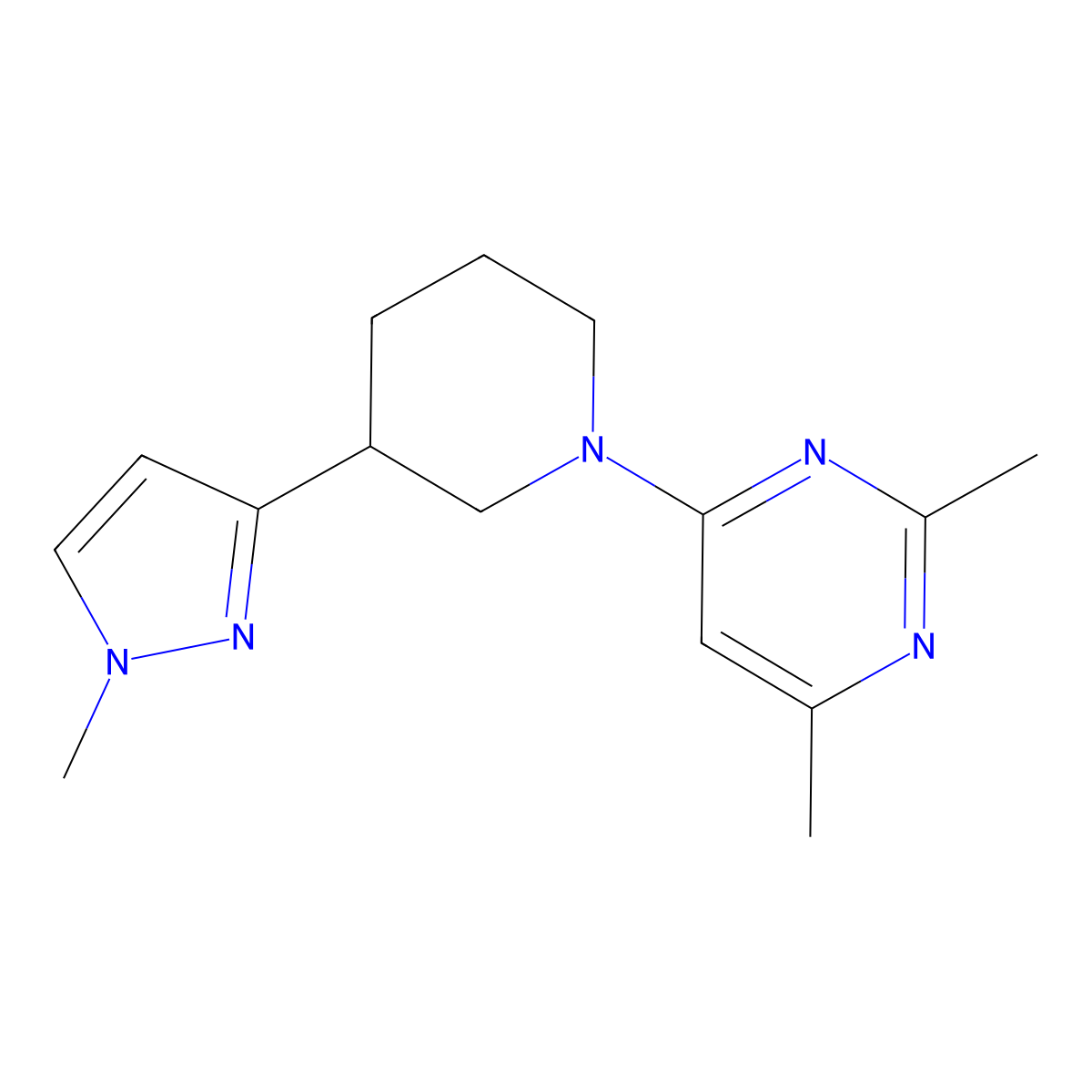 2,4-dimethyl-6-[3-(1-methyl-1H-pyrazol-3-yl)piperidin-1-yl]pyrimidine molecular structure, CAS 2034459-21-5