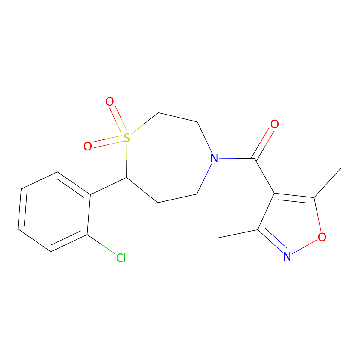 7-(2-Chlorophenyl)-4-(3,5-dimethyl-1,2-oxazole-4-carbonyl)-1lambda6,4-thiazepane-1,1-dione molecular structure, CAS 2034459-24-8