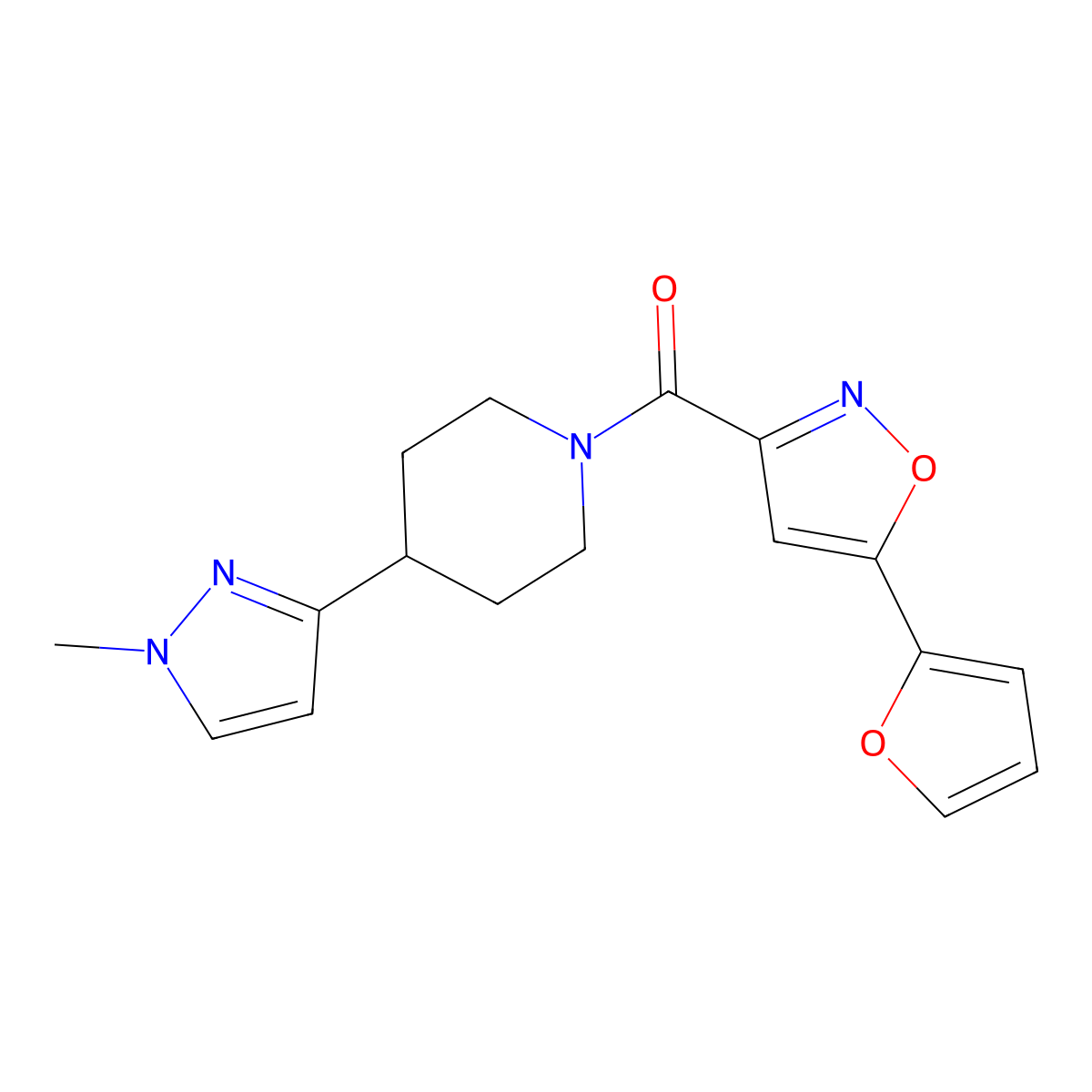 (5-(furan-2-yl)isoxazol-3-yl)(4-(1-methyl-1H-pyrazol-3-yl)piperidin-1-yl)methanone molecular structure, CAS 2034459-26-0