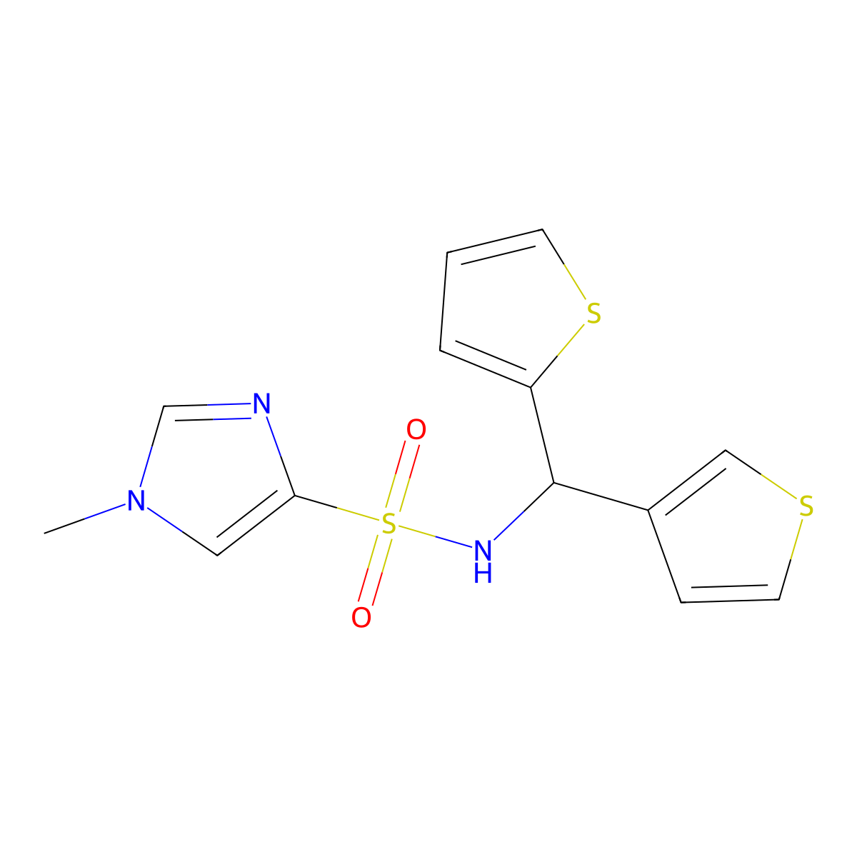1-methyl-N-(thiophen-2-yl(thiophen-3-yl)methyl)-1H-imidazole-4-sulfonamide molecular structure, CAS 2034459-30-6