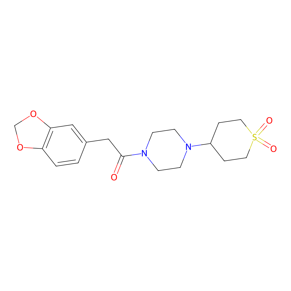2-(benzo[d][1,3]dioxol-5-yl)-1-(4-(1,1-dioxidotetrahydro-2H-thiopyran-4-yl)piperazin-1-yl)ethanone molecular structure, CAS 2034459-34-0