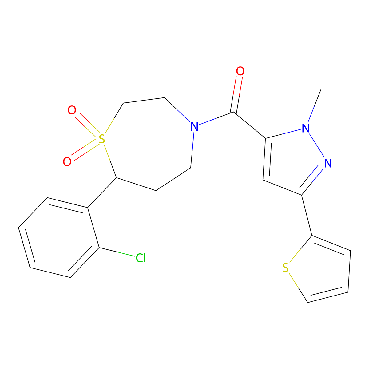(7-(2-chlorophenyl)-1,1-dioxido-1,4-thiazepan-4-yl)(1-methyl-3-(thiophen-2-yl)-1H-pyrazol-5-yl)methanone molecular structure, CAS 2034459-35-1