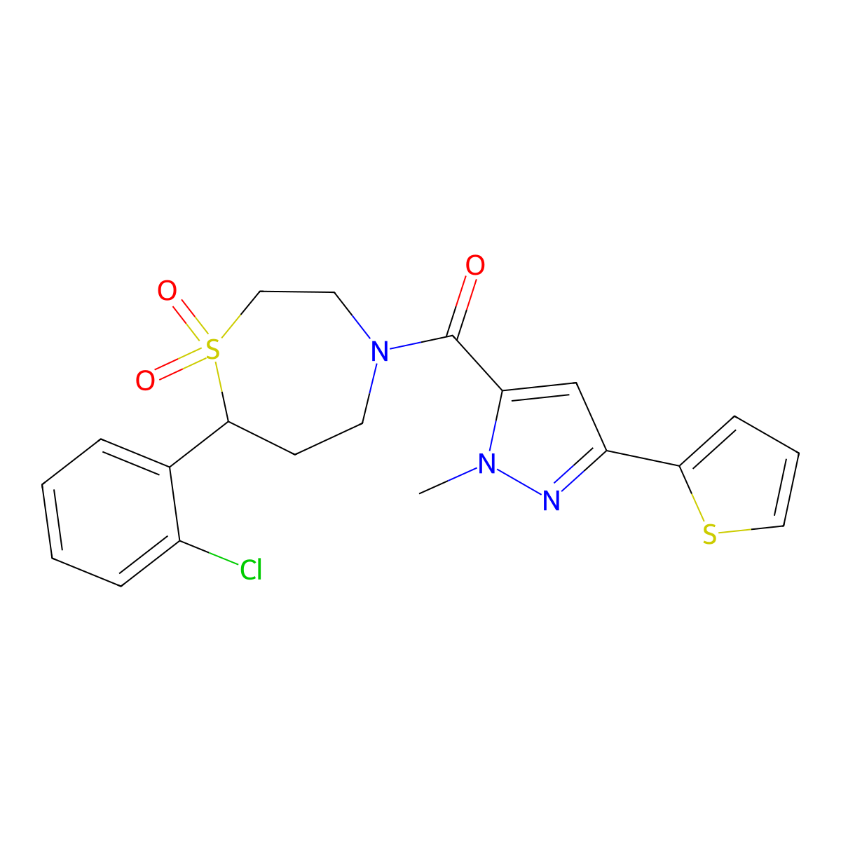 (7-(2-chlorophenyl)-1,1-dioxido-1,4-thiazepan-4-yl)(1-methyl-3-(thiophen-2-yl)-1H-pyrazol-5-yl)methanone molecular structure, CAS 2034459-35-1