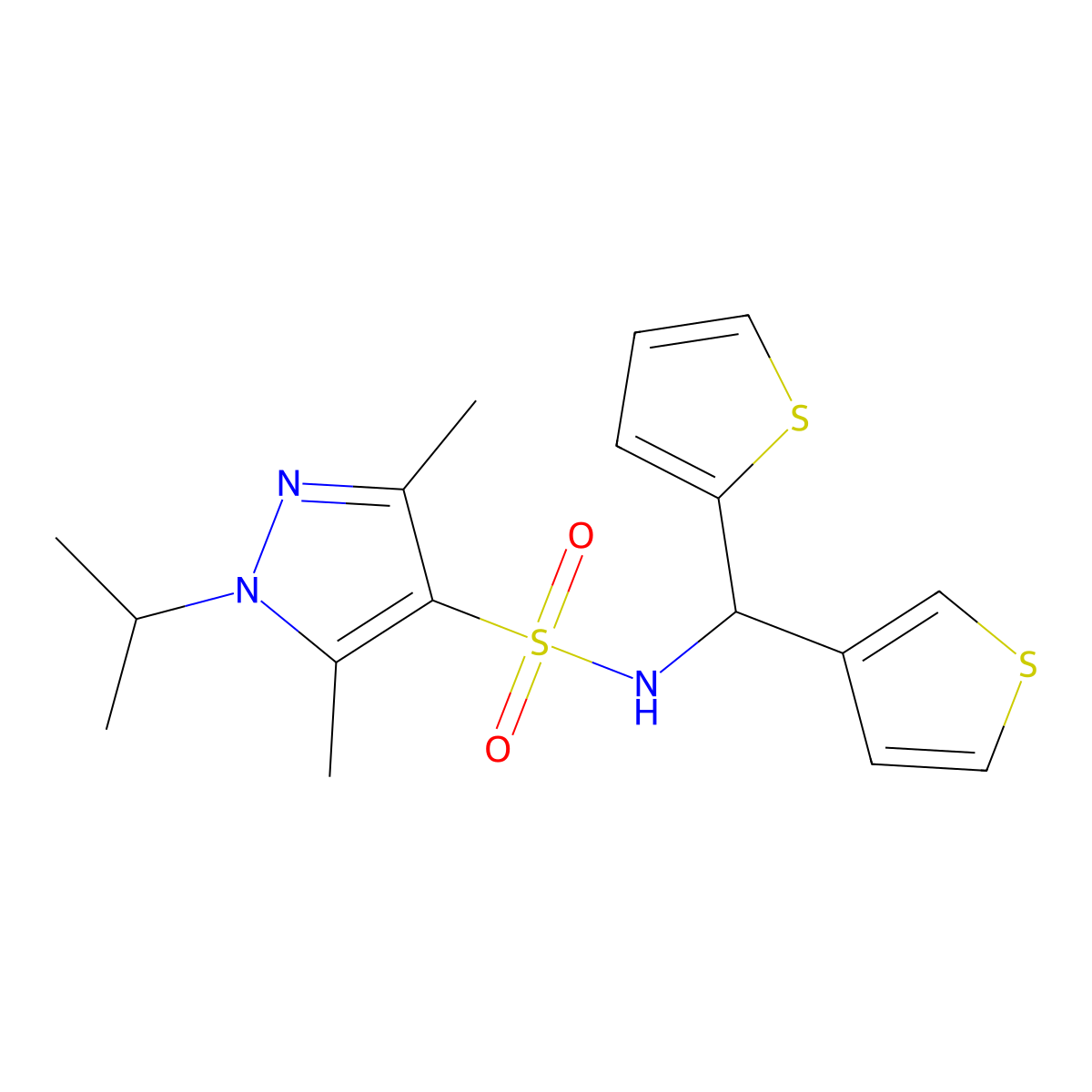 1-isopropyl-3,5-dimethyl-N-(thiophen-2-yl(thiophen-3-yl)methyl)-1H-pyrazole-4-sulfonamide molecular structure, CAS 2034459-38-4