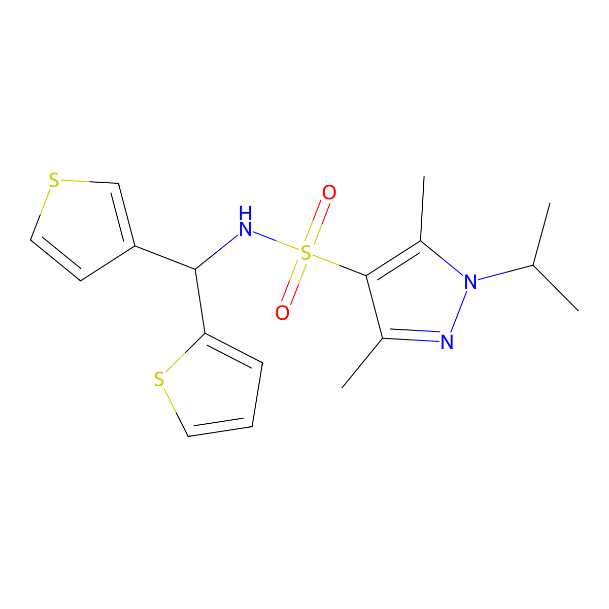 1-isopropyl-3,5-dimethyl-N-(thiophen-2-yl(thiophen-3-yl)methyl)-1H-pyrazole-4-sulfonamide molecular structure, CAS 2034459-38-4
