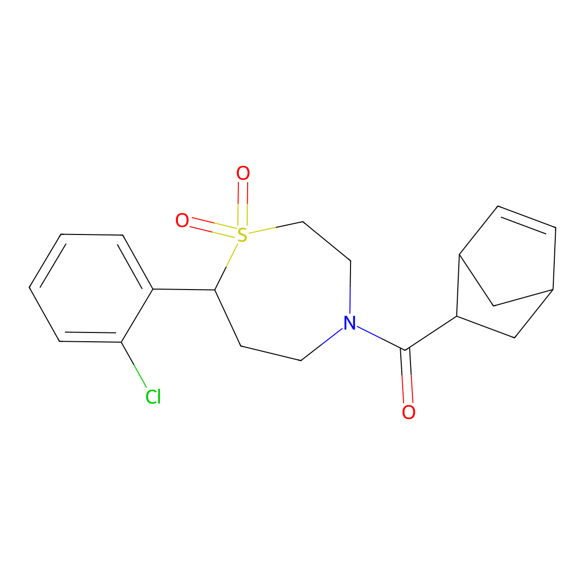Bicyclo[2.2.1]hept-5-en-2-yl(7-(2-chlorophenyl)-1,1-dioxido-1,4-thiazepan-4-yl)methanone molecular structure, CAS 2034459-44-2