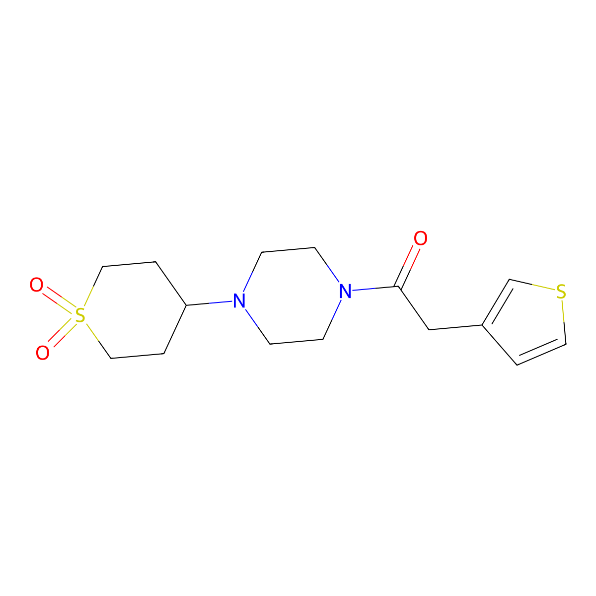1-(4-(1,1-dioxidotetrahydro-2H-thiopyran-4-yl)piperazin-1-yl)-2-(thiophen-3-yl)ethanone molecular structure, CAS 2034459-46-4