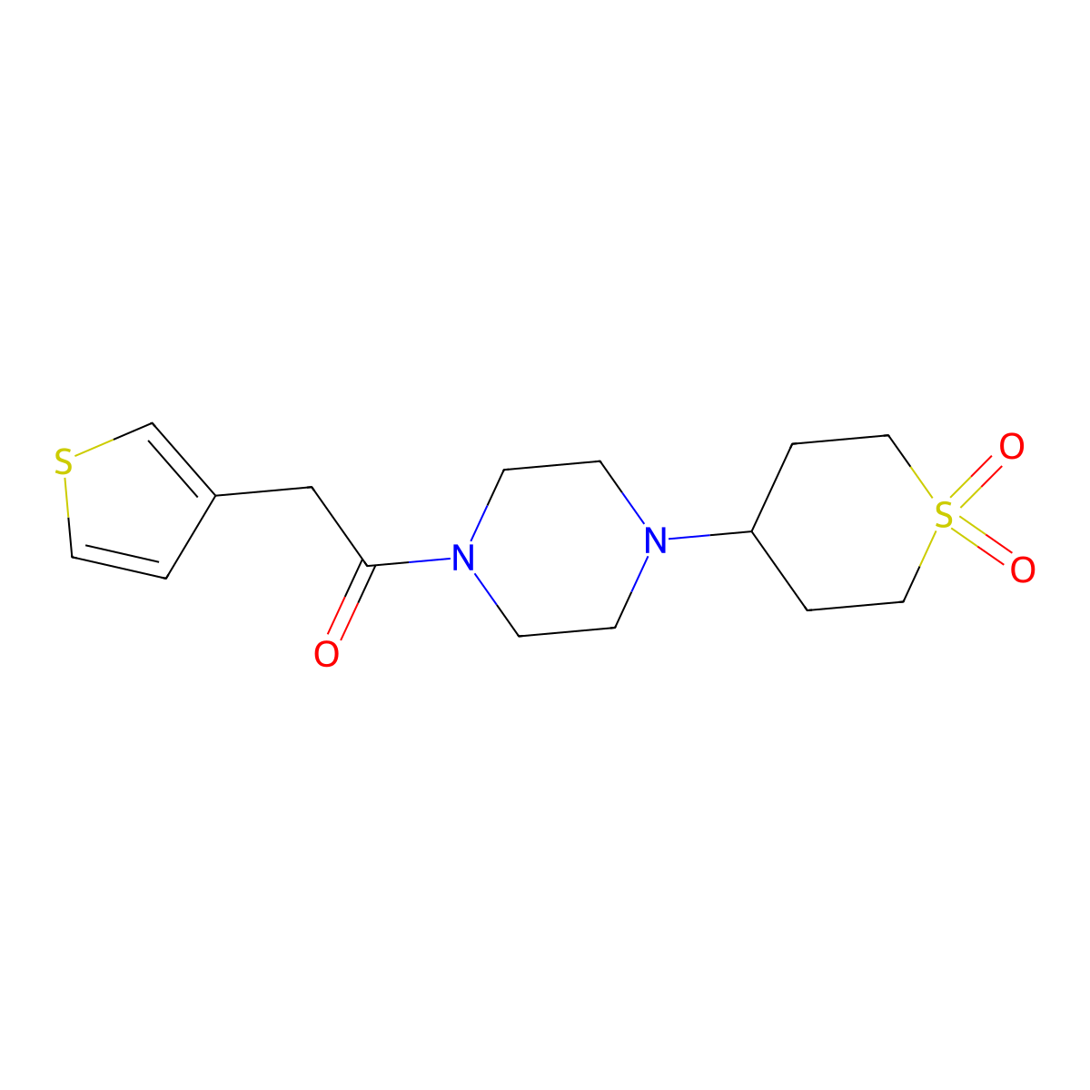 1-(4-(1,1-dioxidotetrahydro-2H-thiopyran-4-yl)piperazin-1-yl)-2-(thiophen-3-yl)ethanone molecular structure, CAS 2034459-46-4