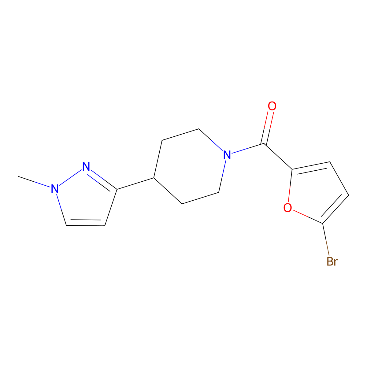 (5-bromofuran-2-yl)(4-(1-methyl-1H-pyrazol-3-yl)piperidin-1-yl)methanone molecular structure, CAS 2034459-49-7