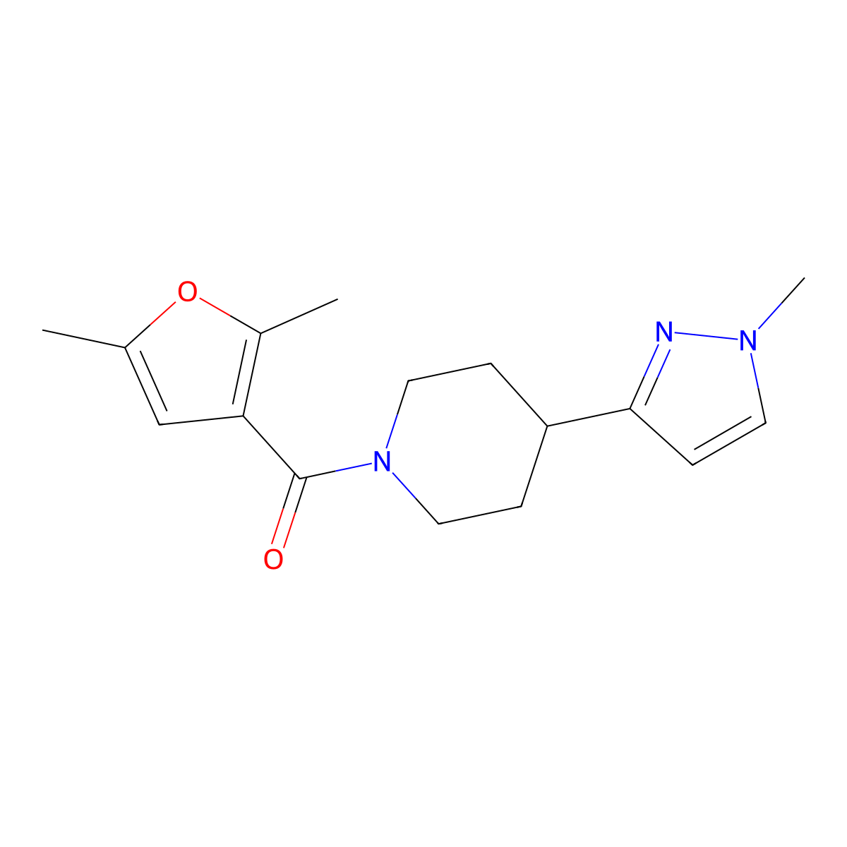 (2,5-dimethylfuran-3-yl)(4-(1-methyl-1H-pyrazol-3-yl)piperidin-1-yl)methanone molecular structure, CAS 2034459-52-2